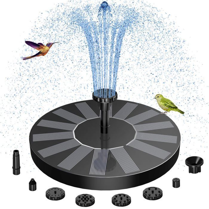 Fuente solar flotante negra para estanques – bomba con 6 boquillas, resina plástica, 14,5 × 14 × 4,4 cm