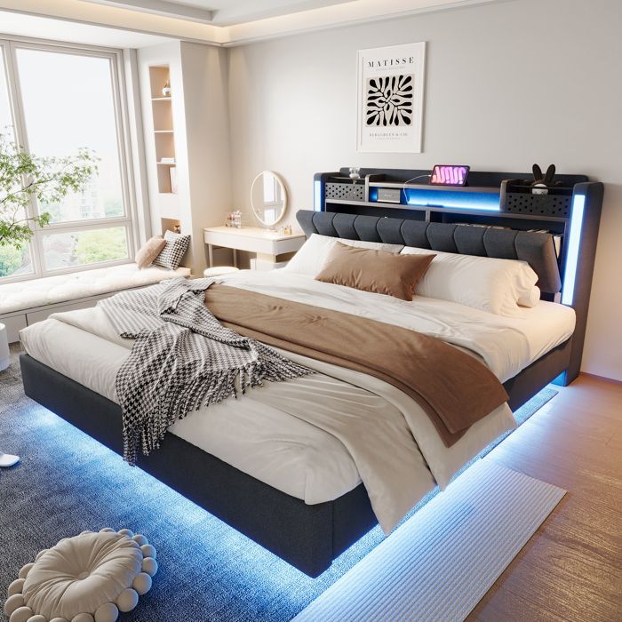 Letto matrimoniale - 160x200 - Contenitore con cassetti - Testiera multifunzionale con LED - Biancheria grigia