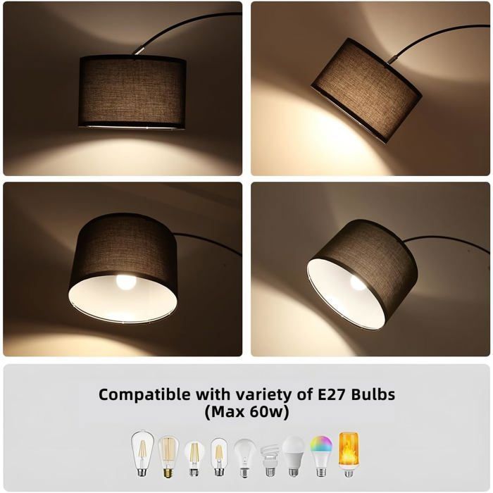 ANTENLICHT LUNA Arc Floor Lamp - E27 LED Bulb Included, 33cm Black Fabric Shade, Foot Switch, For Living Room