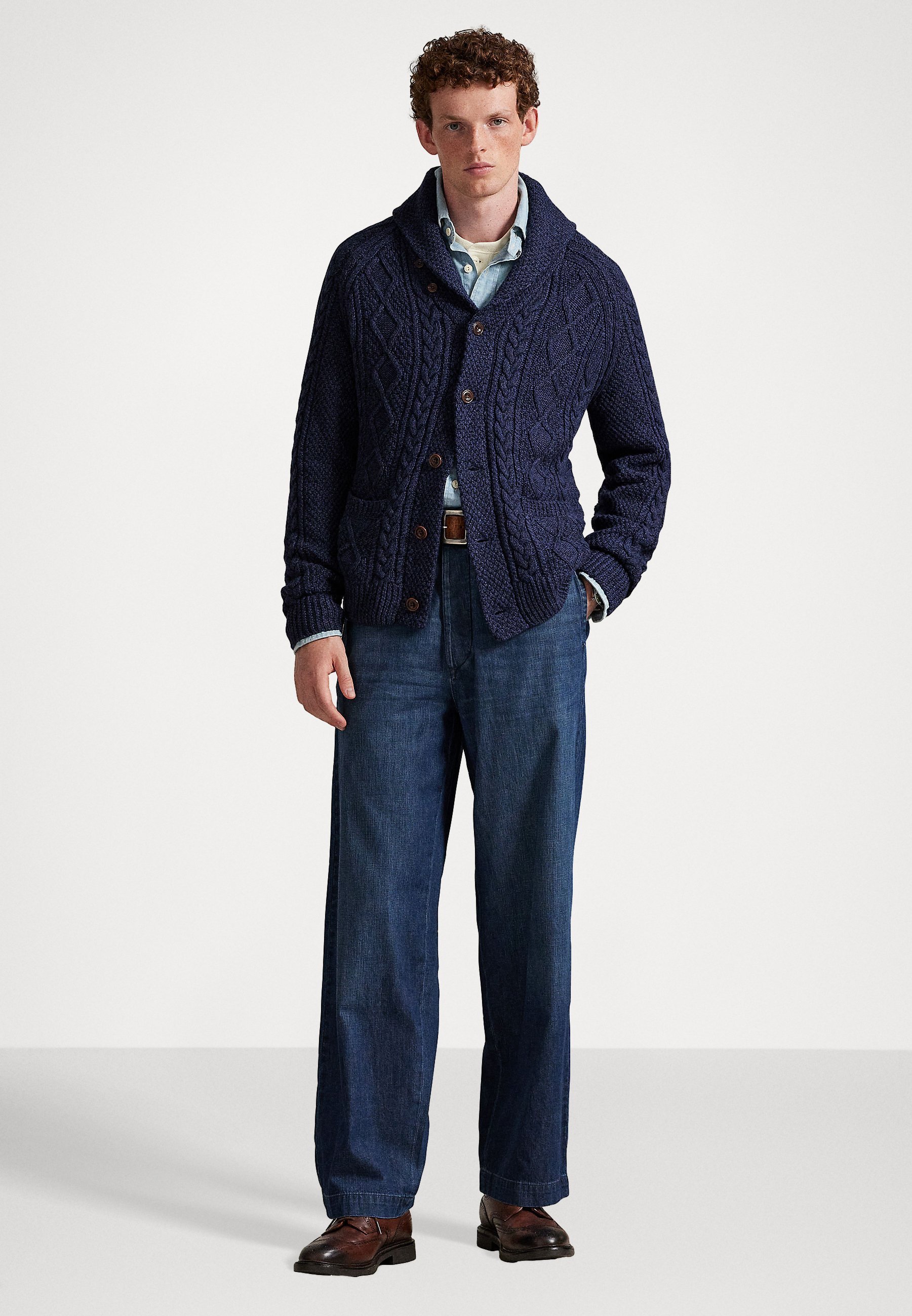 Gilet Polo Ralph Lauren en coton tricoté Aran à col châle - Gilet - marine