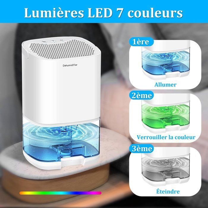Tragbarer Luftentfeuchter, 1000 ml, 350 ml/Tag, mit 7 farbigen LEDs und automatischer Abschaltung, für Badezimmer und Schlafzimmer