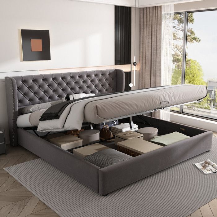 Cama doble tapizada en terciopelo con forma de oreja, 180 x 200 cm, con somier de láminas y espacio de almacenamiento, color gris.