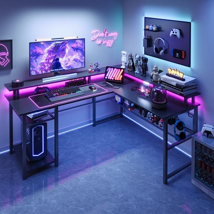 L-Shaped Gaming Desk - 140x120x75 cm - Corner Computer Desk with Storage - Monitor Stand - 2 USB Chargers, 3 Power Outlets, LED Lighting