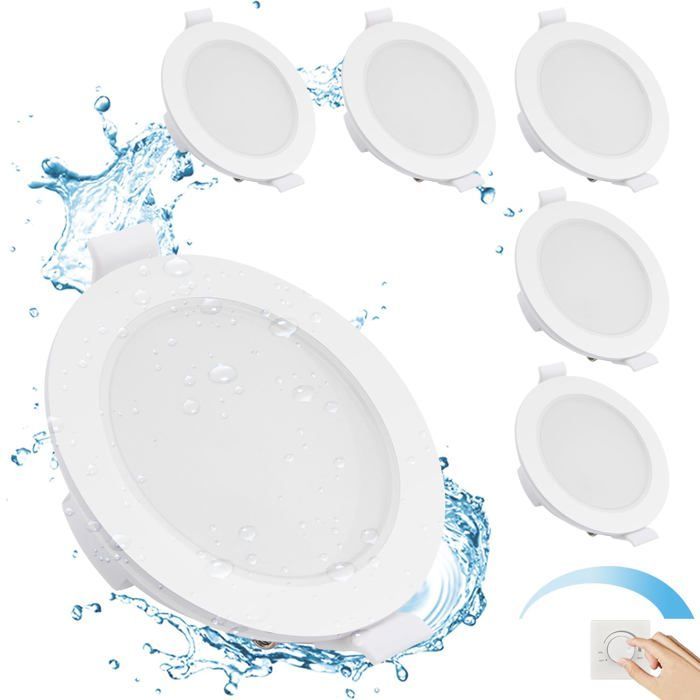 Focos LED empotrables para baño IP65, 6 focos LED regulables de 5 W, luz blanca neutra de 4000 K, 400 lúmenes, foco empotrable extraplano de 35 mm.