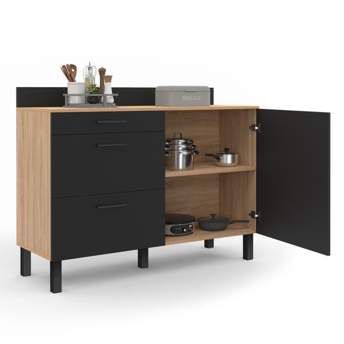 IDMARKET Buffet bas casserolier de cuisine 120 CM CINA plan de travail H.83 cm 1 porte + 3 tiroirs façon hêtre et noir