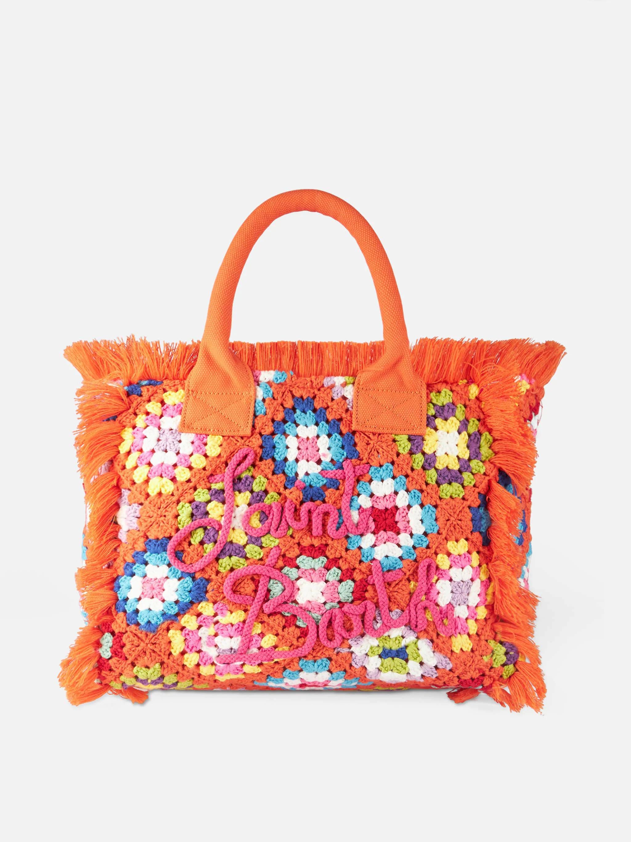 Multicolor Vanity Crochet Shoulder Bag with Fringes, Orange Pattern, Saint Barth Embroidered, Zip Pocket | MC2 Saint Barth