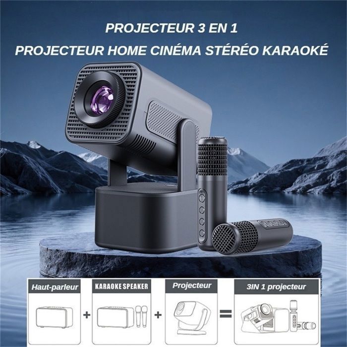 3-i-1 videoprojektor - 1080P Full HD, WiFi 5G & Bluetooth, 180° rotation, syngende projektor med mikrofon, hjemmebiograf KTV