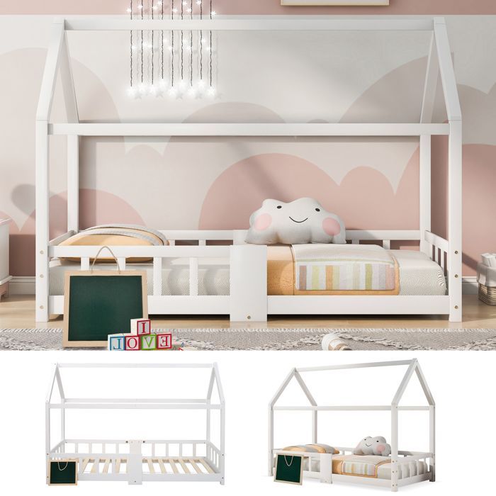 Cama infantil, cama casinha 90 x 200 cm, cama de madeira para quarto infantil com prateleira, estrado de ripas e proteção contra...