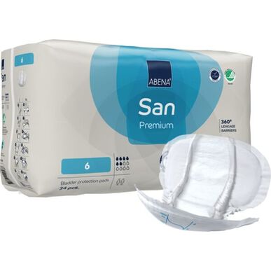 Abena San Premium 360 -vuotosuojat, 6 inkontinenssisuojaa, anatominen muoto, 34 kpl.