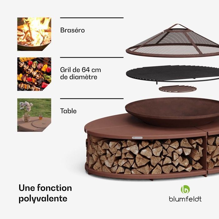 Barbacoa y mesa Blumfeldt Ebeko 3 en 1, brasero de acero resistente, incluye rejilla protectora contra chispas y atizador, y compartimento para leña.