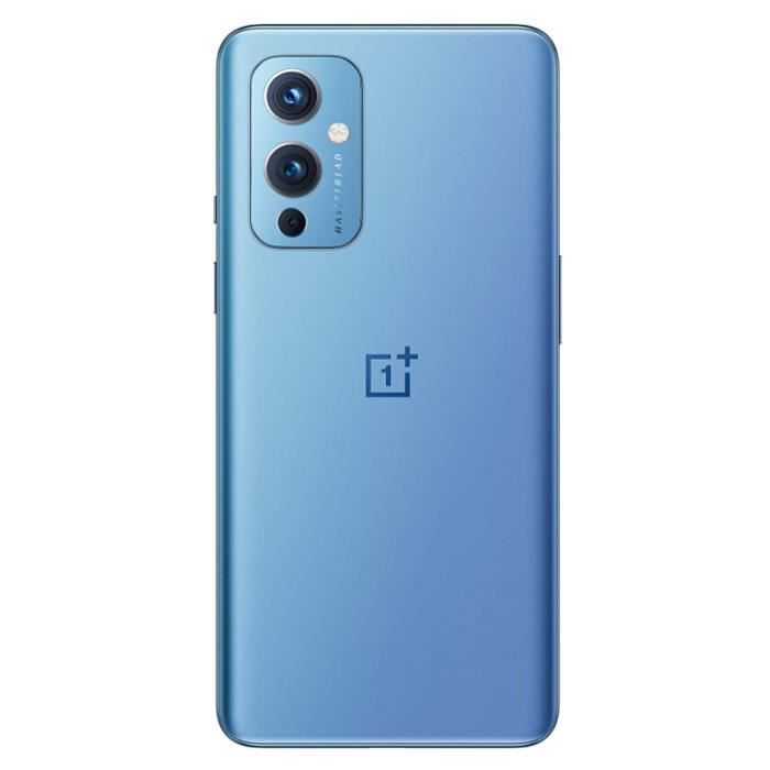 OnePlus 9 5G-telefoon met 8 GB RAM, 128 GB opslag en Snapdragon 888-processor, 6,55-inch AMOLED-scherm en blauw display.