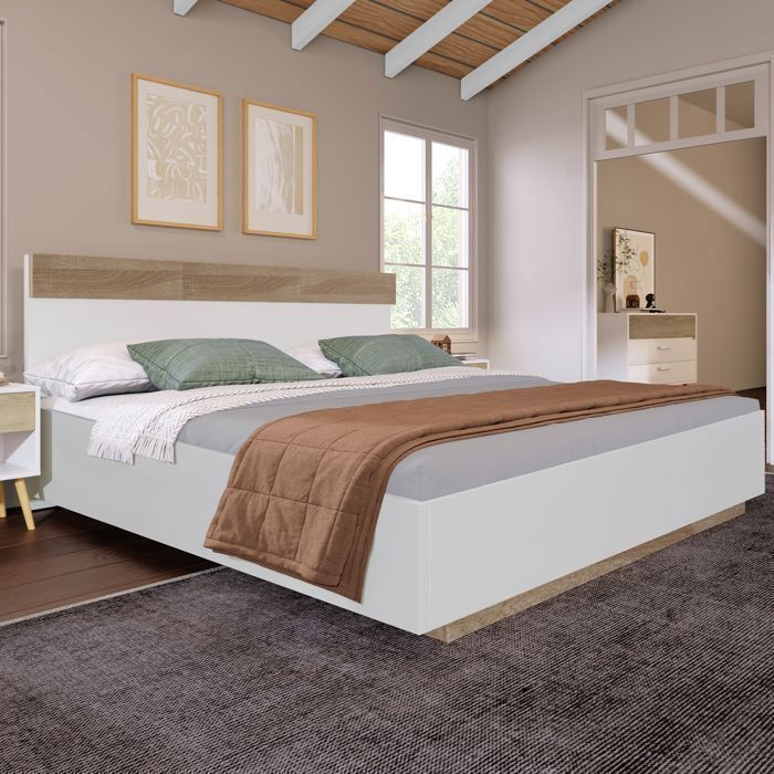 Lit Double 180x200 cm - en Bois Blanc et Chêne - avec Sommier à Lattes - Lit Design Flottant Moderne - sans Matelas
