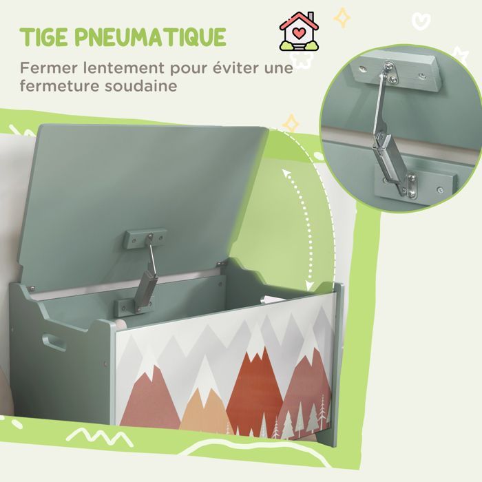Coffre à jouet enfant - coffre de rangement enfant - ZONEKIZ - motif de forêt, couvercle rabattable - 60 x 37 x 39 cm - vert