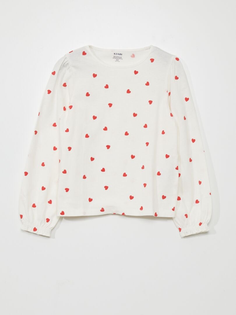 Camiseta de manga larga con estampado de corazón - BLANCA