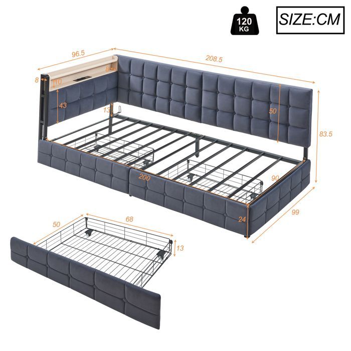 Divano letto trasformabile imbottito di colore grigio con illuminazione LED integrata, cassetti e porte USB/Type-C.