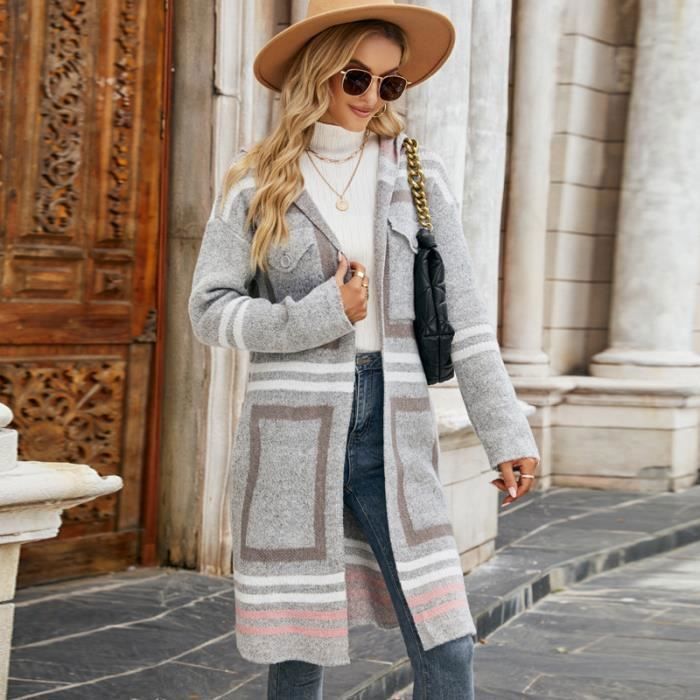 Pull Femme A Capuche Mi-Longue Tricoté Coupe Décontractée Manches Longues Casual - Gris - INSFITY