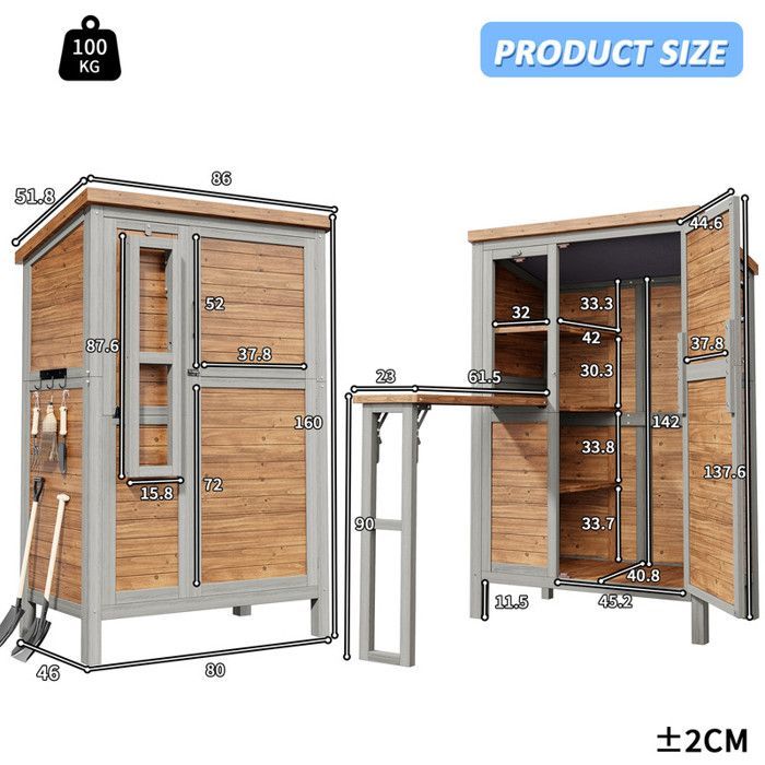 160 cm hoher, wasserfester Gartenschrank aus Tannenholz mit ausziehbarer Arbeitsplatte und verstellbaren Einlegeböden für Gartengeräte