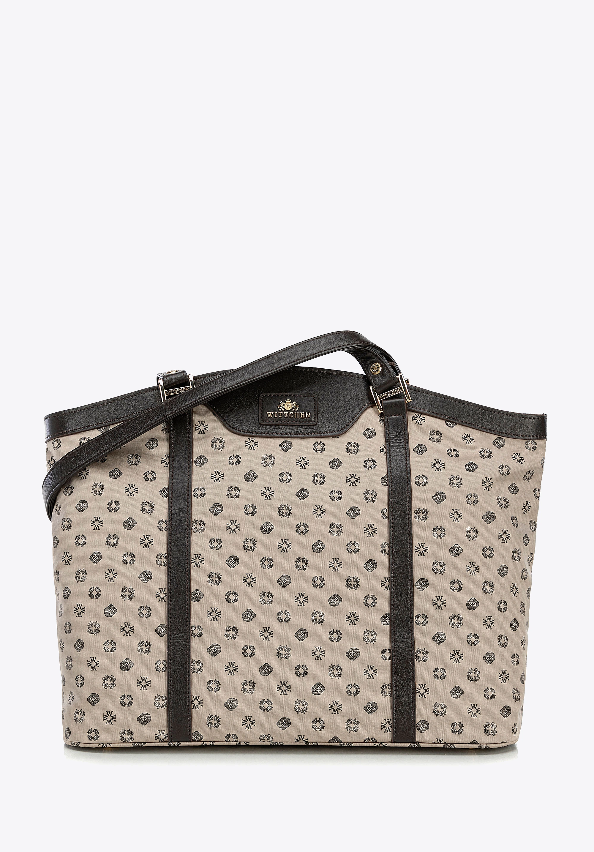 Torebka shopperka z żakardu i skóry w monogramy beżowa