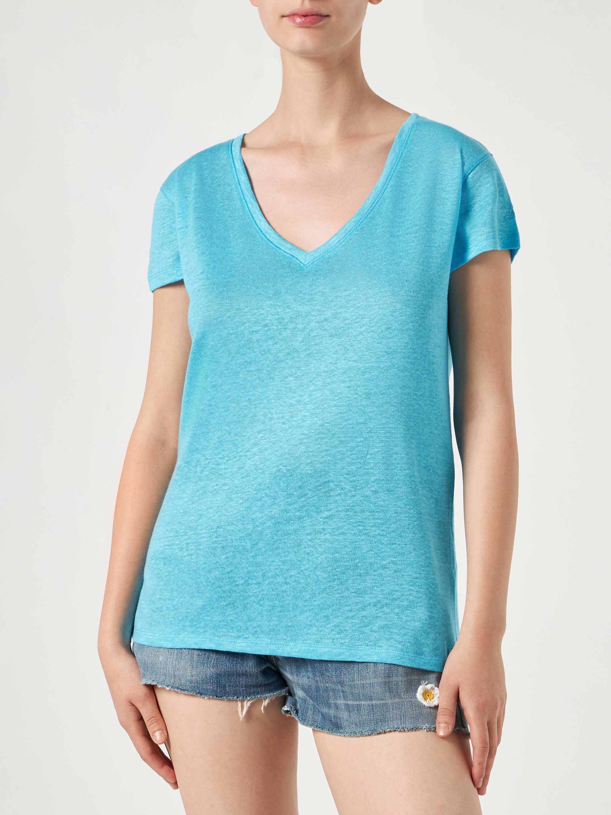 Turquoise linnen dames T-shirt