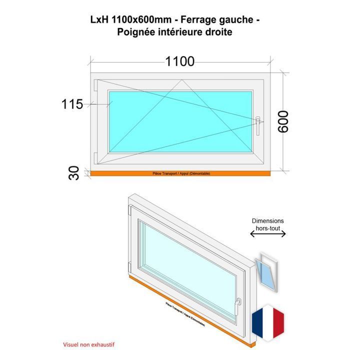 Ventana de PVC - Ancho x Alto 1100 x 600 mm - Triple acristalamiento - Color blanco - Manilla derecha