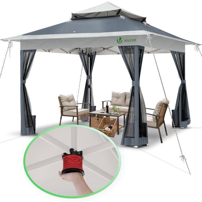 VOUNOT® Tonnelle de jardin 3,6x3,6m pliable installation facile POP UP avec moustiquaire gris