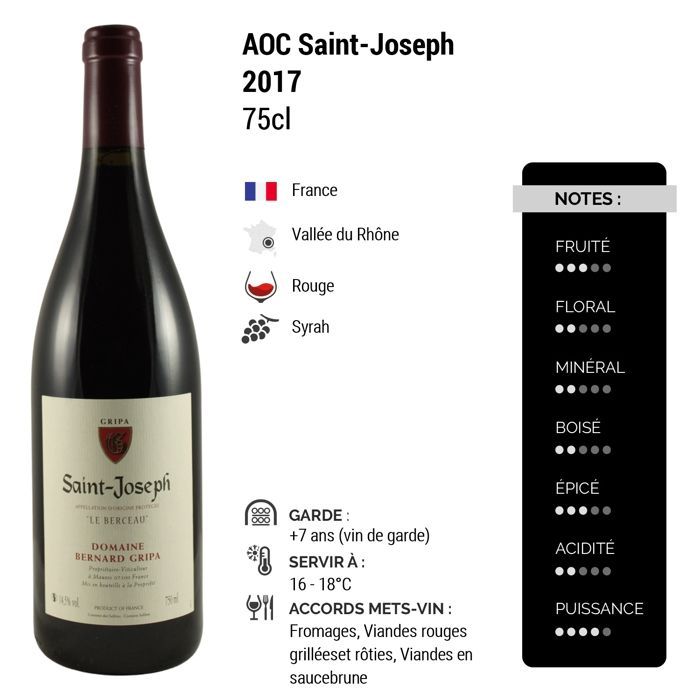 Domaine Bernard Gripa Saint-Joseph Le Berceau 2017 - Vin Rouge de la Vallée du Rhône (3x75cl)