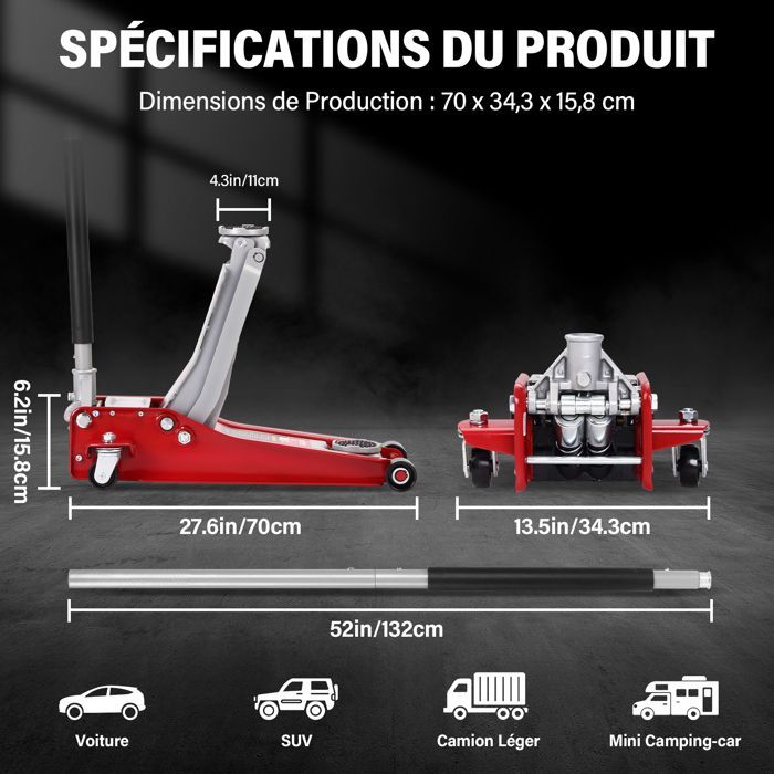 Cric hidraulic 3T, cric auto TEENO, înălțime de ridicare 75-500 mm, piston cu fund dublu, 2 suporturi din cauciuc, roți pivotante la 360°