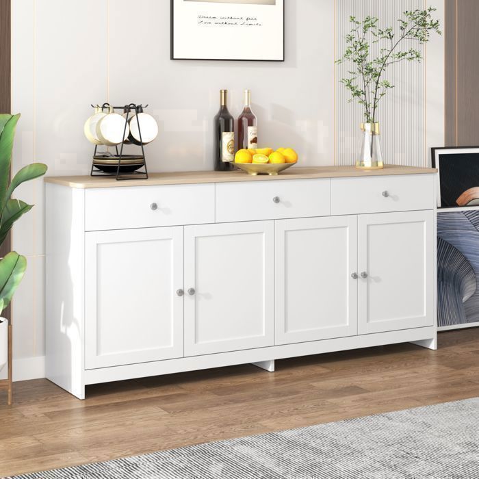 Aparador - EIFSON - Aparador de madera blanca - 4 puertas - 3 cajones - 160 x 37 x 75 cm