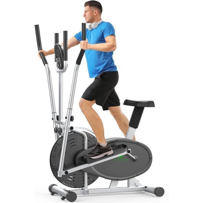 Bicicleta elíptica 2 en 1 para uso doméstico. Resistencia de 180°, peso máximo 120 kg. Pantalla LCD, tamaño compacto ideal para familias y apartamentos, color plata.