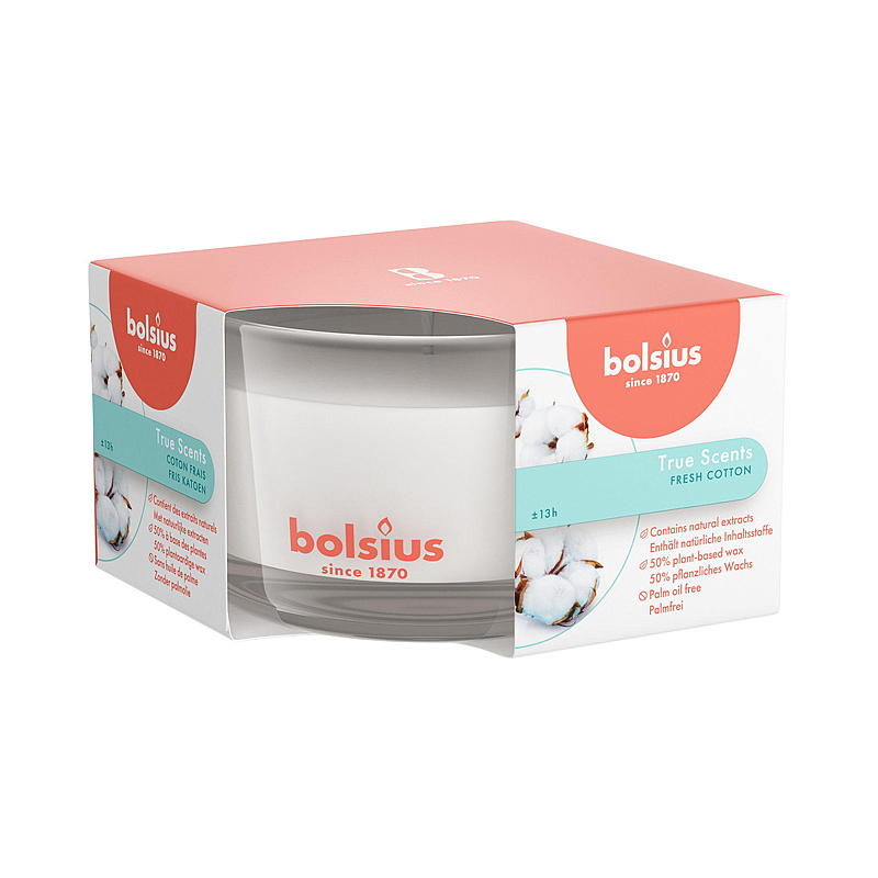 Bolsius Duftlys i glas 5x8 cm Frisk bomuld True Scent