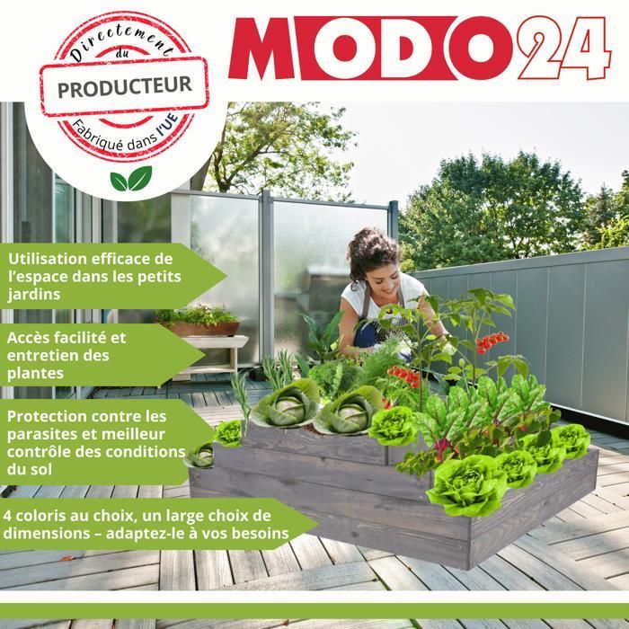 MODO24 ZP09 Carré potager surélevé en escalier modulable, bois de pin, herbes/légumes, jardin/terrasse/balcon, 9x30x30 cm, naturel