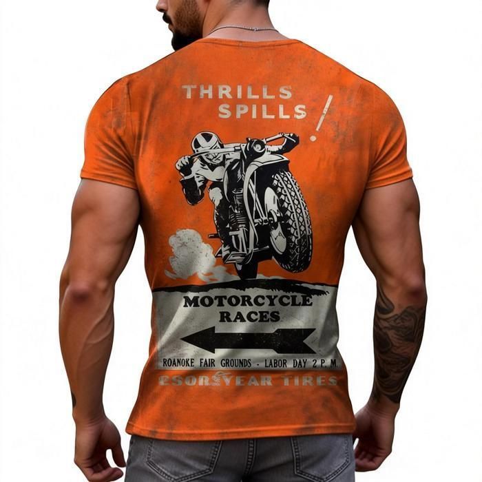 Ανδρικό T-shirt, Vintage T-shirt με τρισδιάστατη εκτύπωση μοτοσικλέτας, T-shirt με στρογγυλή λαιμόκοψη και κοντό μανίκι μοτοσικλέτας - Πορτοκαλί