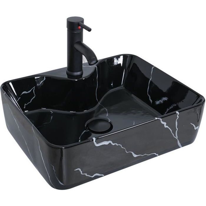 Lavabo cuadrado de encimera PULUOMIS - Negro - Grifo para lavabo y lavamanos - 38x48 cm