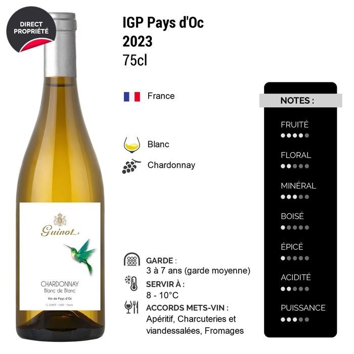 Maison Guinot Pays d'Oc Chardonnay Blanc de Blanc 2023 - Vin Blanc du Languedoc - Roussillon (6x75cl)