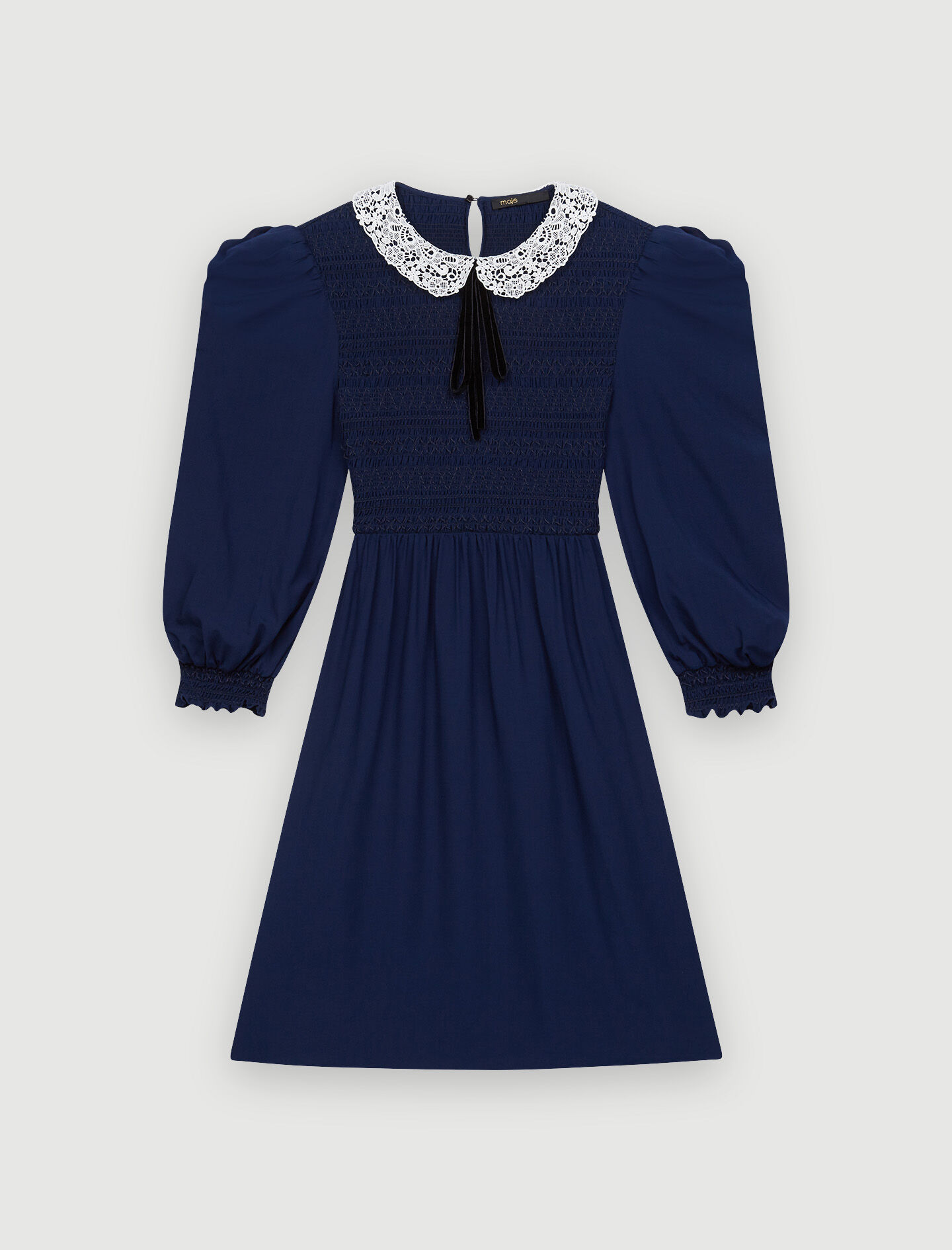 Geplooide jurk met guipure kraag - Marineblauw