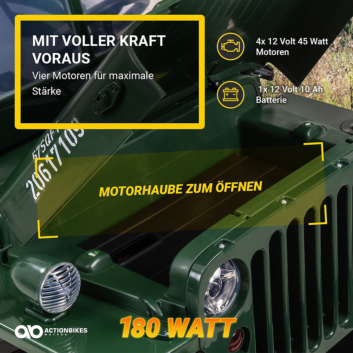 Lasten sähköauto Jeep Willys - 4x45 wattia - lasten auto kaukosäätimellä - vihreä äänimoduuli
