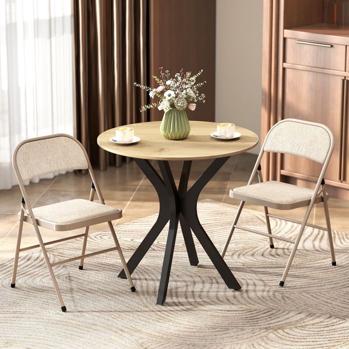 Conjunto de 2 cadeiras dobráveis HOMCOM, cadeiras de jantar portáteis com almofada de linho e estrutura de aço bege.
