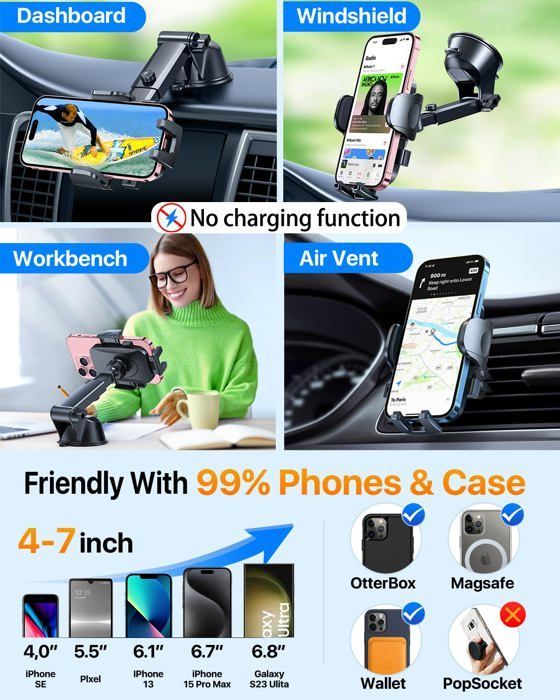 Car Phone Holder [360° Rotation] Car Phone Holder for Air Vent, Windshield & Dashboard
