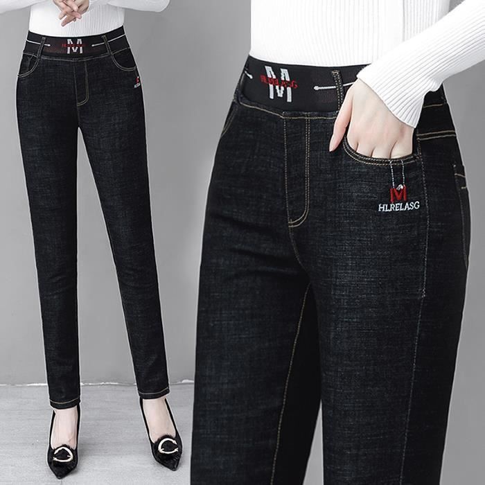 Jeans Femme - FUNMOON - Taille Haute - Droit - Noir - Coton Chaud