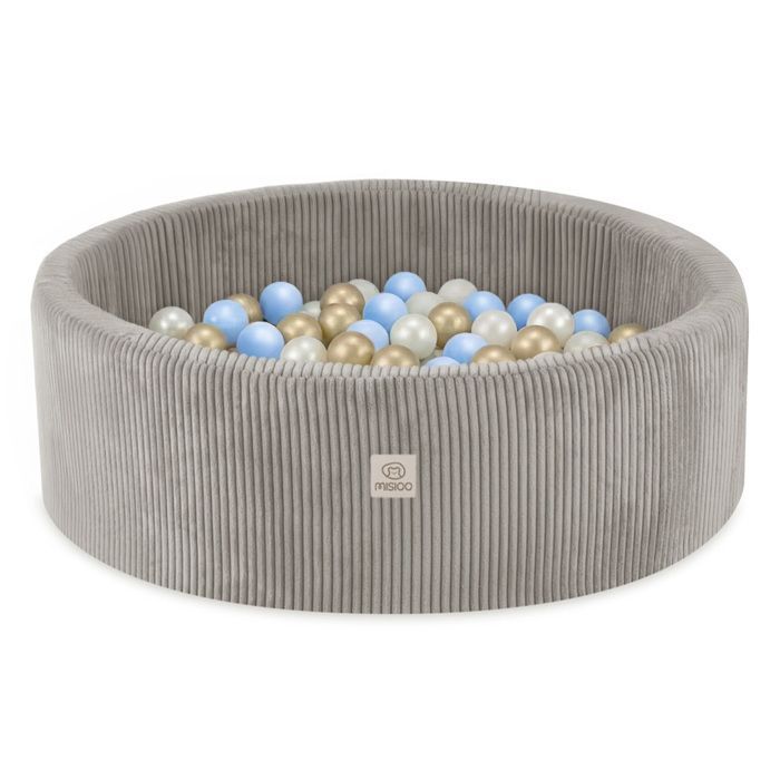 Piscina de bolas redonda de pana MISIOO para habitación de bebé y niños, color beige, 90x30 cm, 200 bolas: azul/dorado/blanco perla