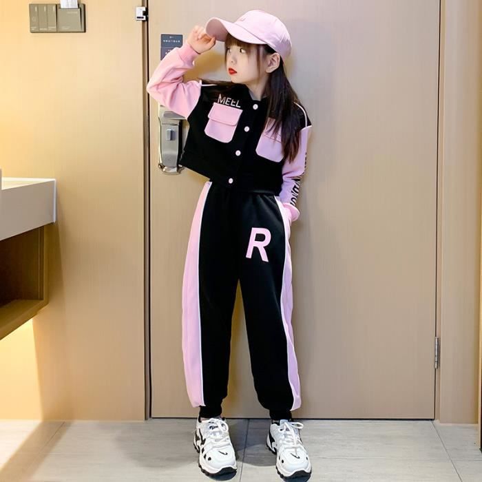 Conjunto de ropa de otoño de 2 piezas para niña: chaqueta corta + pantalón casual de manga larga, rosa.