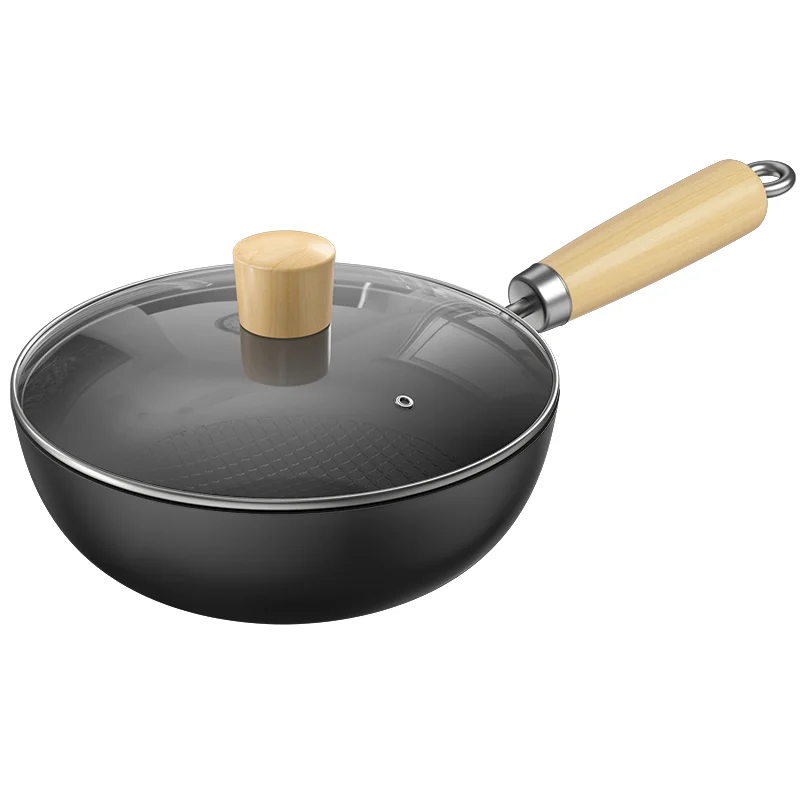 Ensemble de casseroles et poêles wok en fonte artisanale, sans revêtement, compatibles avec les plaques à gaz et à induction.