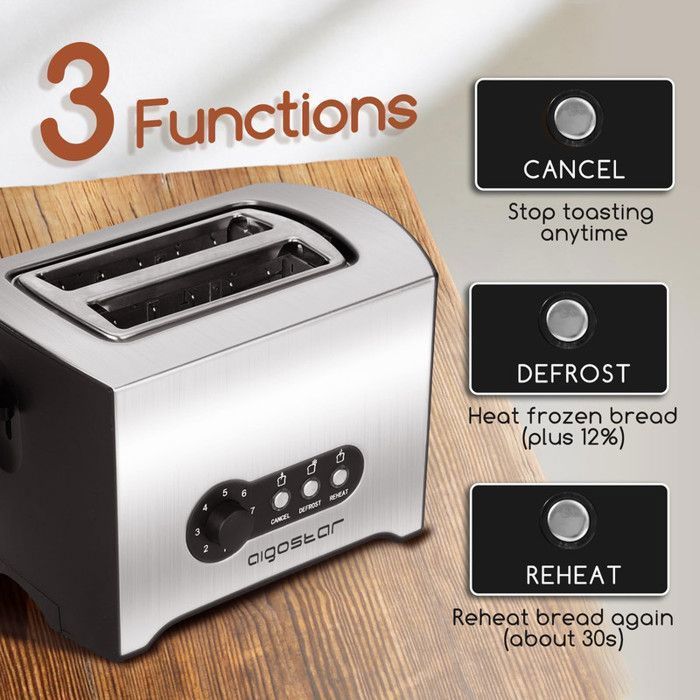Aigostar Mini Sunshine- Grille-pain 2 fentes extra-larges et 7 niveaux de brunissage. Fonctions toaster, décongeler,900W, 0% BPA.