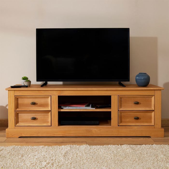 KENT tv-meubel, massief grenen tv-bank met gewaxte afwerking, 144 x 46 x 45 cm, met 4 lades en 2 planken.
