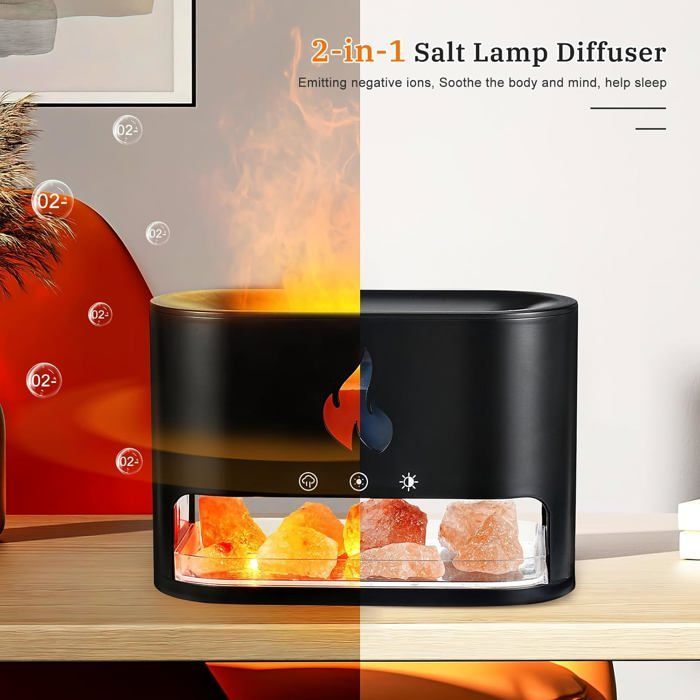 Difusor de aceites esenciales 2 en 1 y lámpara de cristal de sal del Himalaya, difusor de aromaterapia con luz de efecto llama.