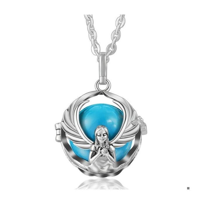 Blue ball angel pregnancy bola necklace with outstretched wings