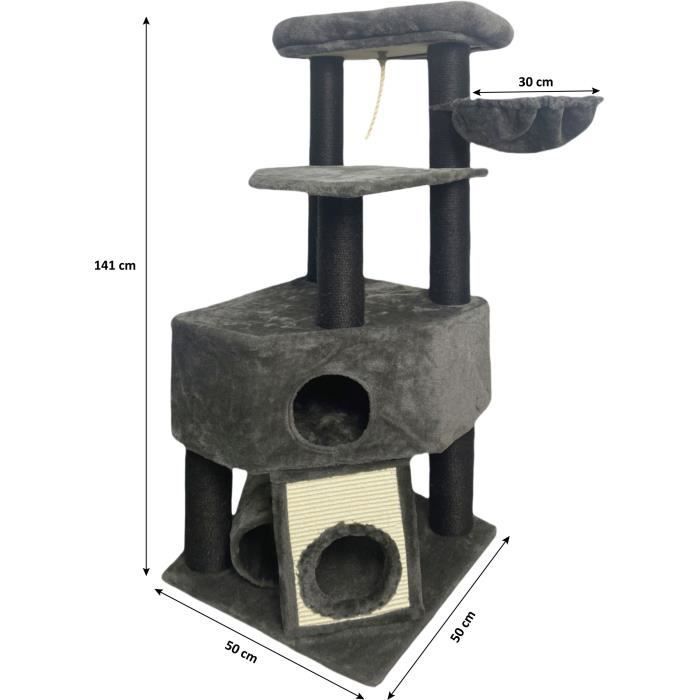 GUILY Stabiele Krabpaal - Ideaal voor middelgrote katten - 50 x 50 x 141 cm - Donkergrijs - 2 platforms, 1 zitplaats, 1 kattenhuisje, 1 helling