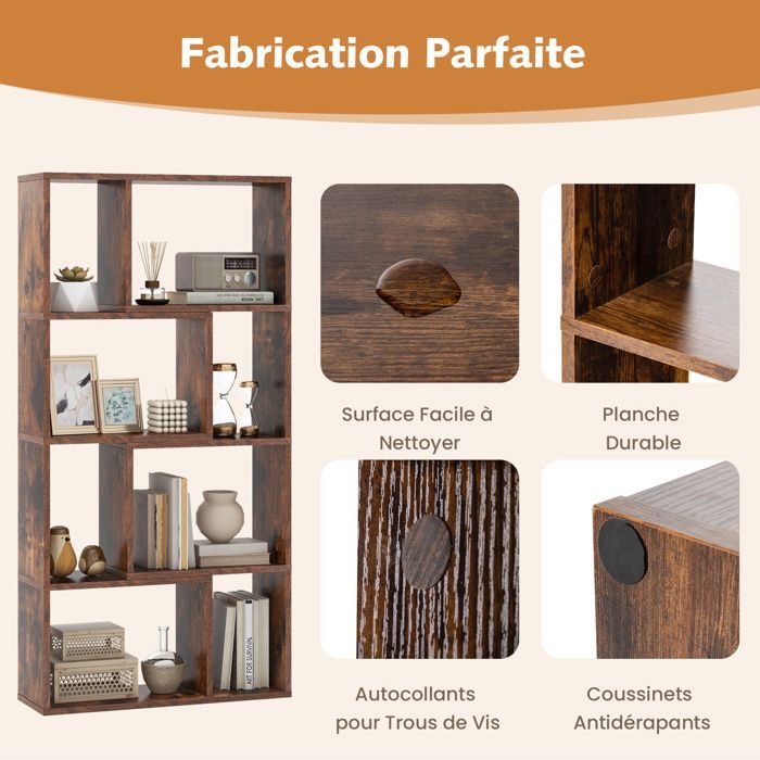 COSTWAY Bibliothèque Géométrique 120 cm à 4 Niveaux 8 Cubes, Etagère Ouverte de Rangement en Bois pour Salon Chambre Bureau, Marron