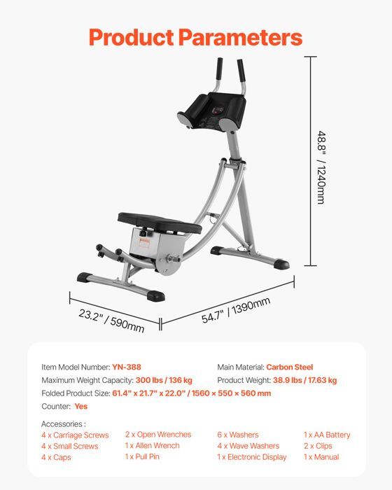 Entrenador abdominal - VEVOR - YN-388 - Capacidad de carga de 136 kg - Plegable - Acero al carbono