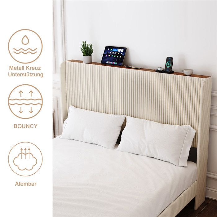 Lit 180x200 avec sommier LED et USB, lit capitonné velours beige avec rangement tete de lit, 2 personnes king size avec pieds,